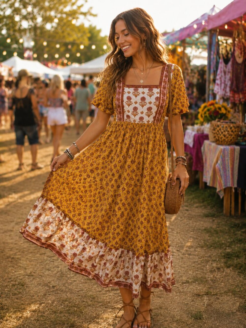 NWT Mod Boutique In Loom Boho Floral Maxi Dress in Mustard Yellow Sz Large